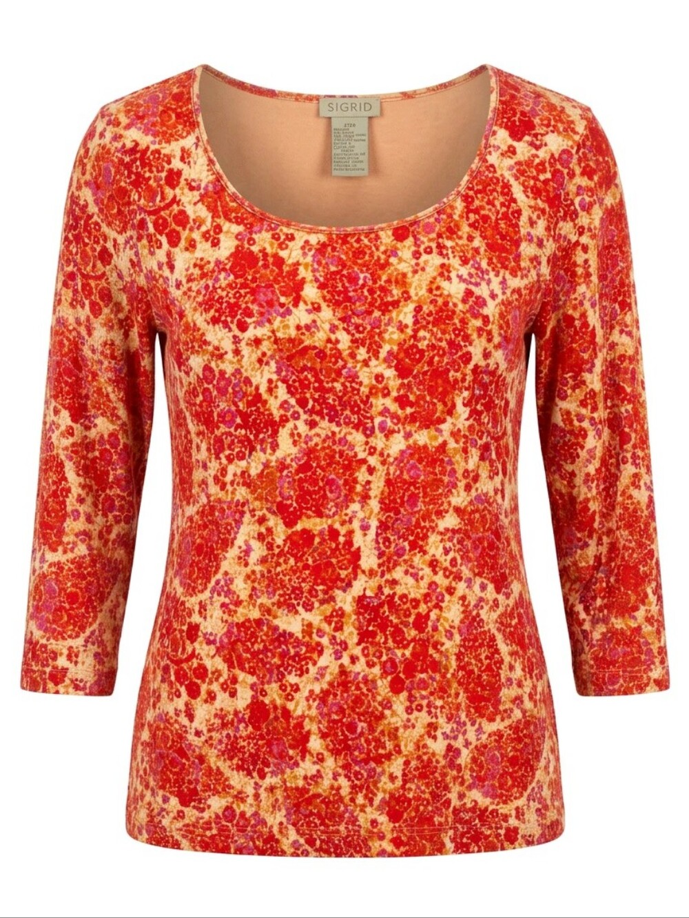 Sigrid Olsen Red and Cream Floral Scoop Neck 3/4 Sleeve Top